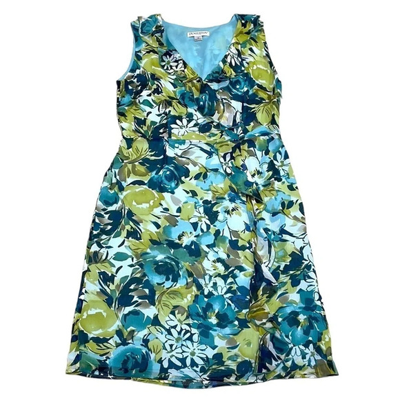 Pendleton Dress Silk Sleeveless Blue Green Knee Length Floral Ruffle Size 4P - Picture 2 of 14